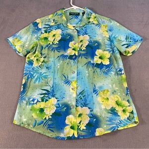 Lemon Grass Women’s Blue & Green Tropical Floral, sequin embellishments Shirt, M